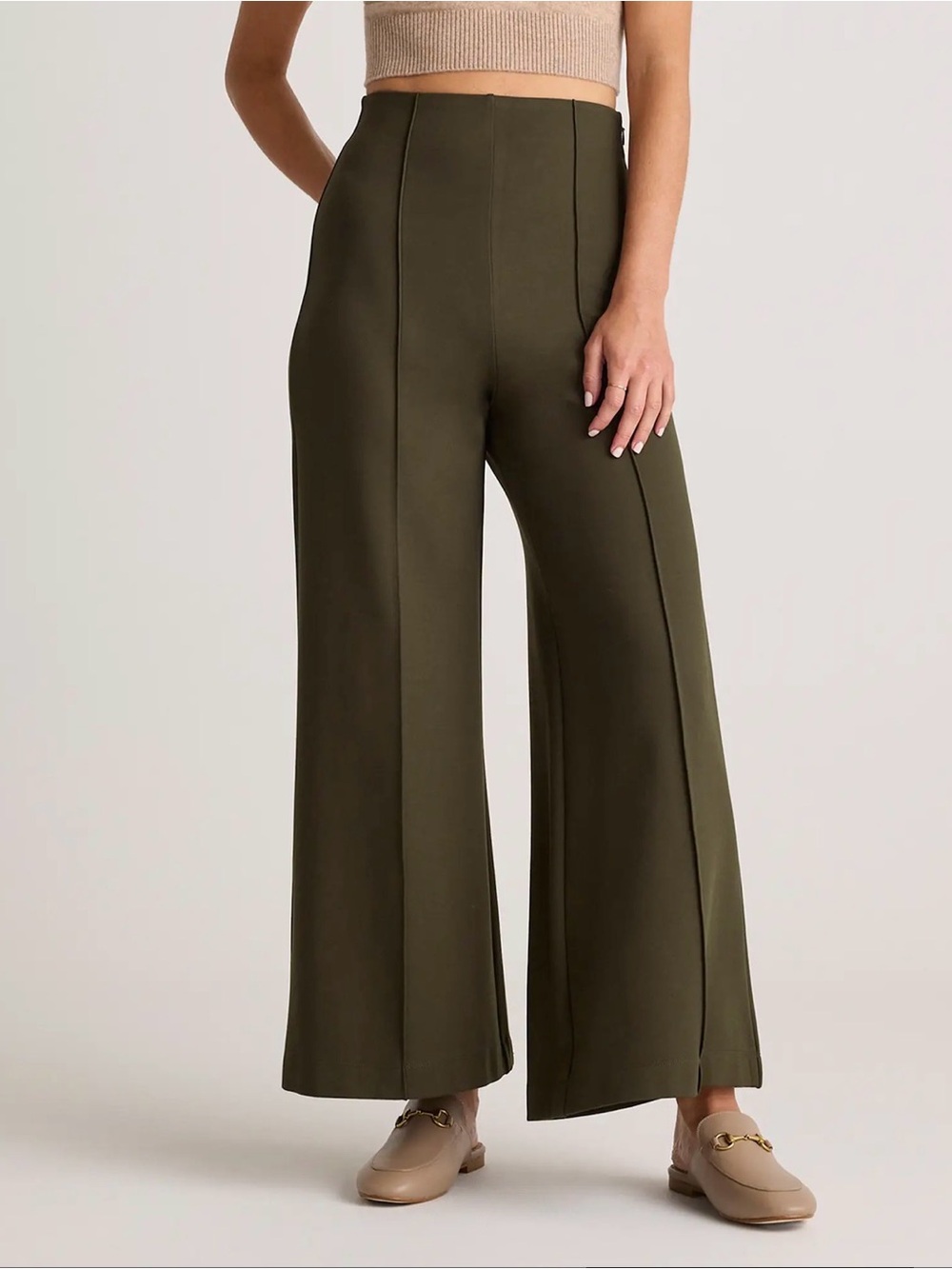 Quince Ultra Stretch Ponte Super Wide Leg Ankle Pants Olive Green Sz S High Rise